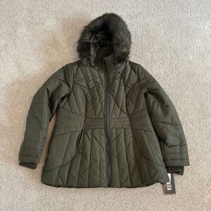 INTL Details Faux Fur Detachable Hood Coat Olive Green Water Resistant Size XL